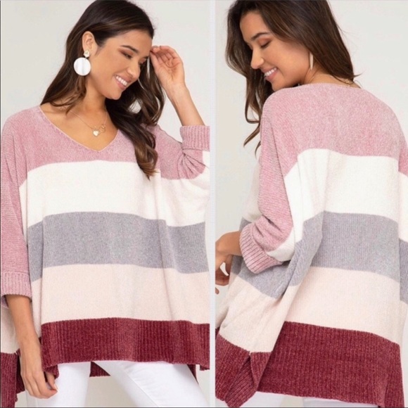 🌹Rose/Berry Chenille Color Block Sweater. OS - Picture 2 of 2